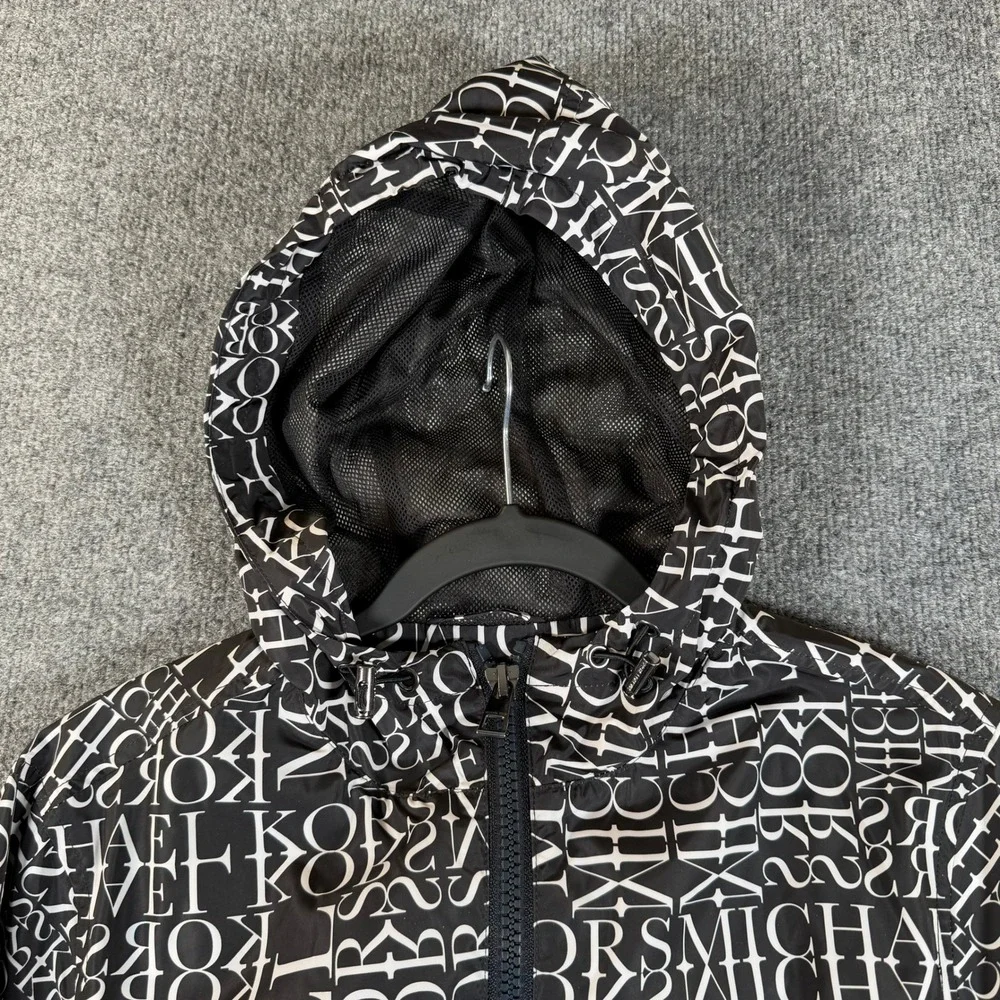 Michael Kors Womens Logo Print Hooded Windbreaker Jacket Black White XS #3866